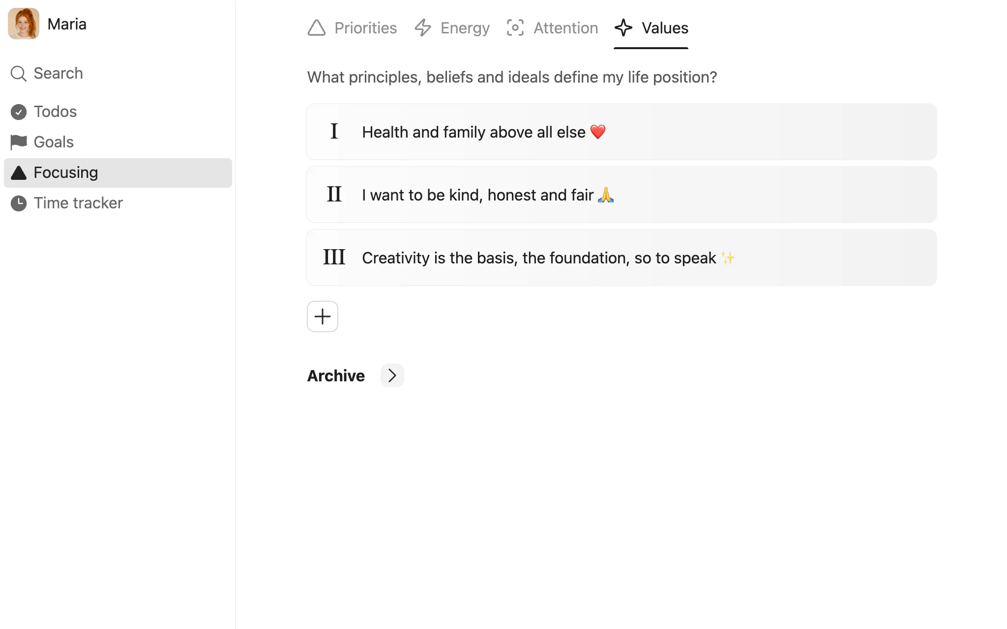 Screenshot of ForgeSelf: Focusing – values